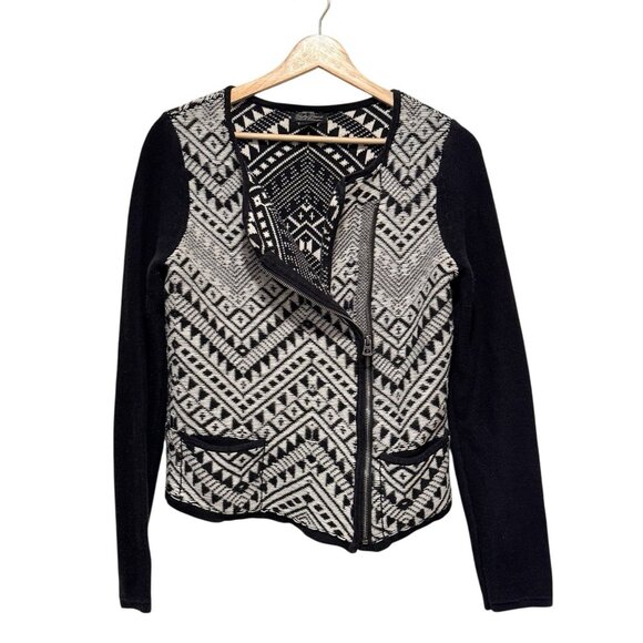 Lucky Brand Black White Aztec Moto Zip Boho Cardigan Sweater Womens Size Medium - Picture 4 of 12